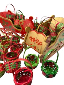 39 pc New Old Stock Folding Wood Sleigh Christmas Decorations & Mini Holiday Wicker Treat Baskets