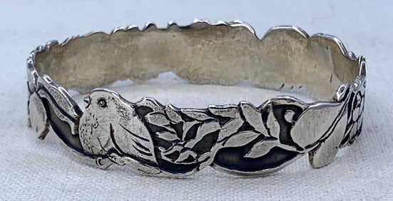 Sterling Silver English Silver Artist Pippa Berthon Bird, Floral, Foliage Handmade Bangle Bracelet
