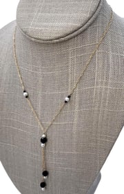 Ethereal 10k Yellow Gold, Onyx and Freshwater Pearl Y Drop Necklace