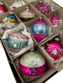 12 Vintage Poland, USA, Shiny Brite Vibrant Glass Christmas Tree Ornaments in Early Shiny Brite Box
