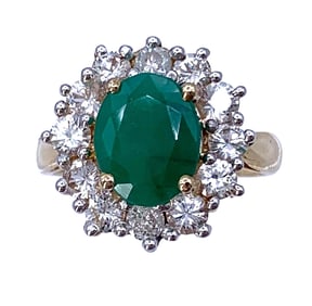 Opulent 14k Yellow Gold 10x7mm Oval Emerald Gemstone and Glittering CZ Halo Cocktail Ring