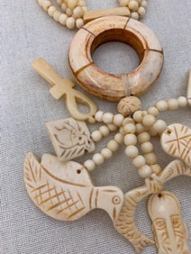 Hand Carved Bone Bird, Horned Water Buffalo, Fish, Elephant & Figural Effigy Statement Necklace