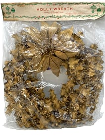 Pair Mid Century New Old Stock Hong Kong Gilded Plastic Holly Poinsettia Door Wreath Holiday Decor