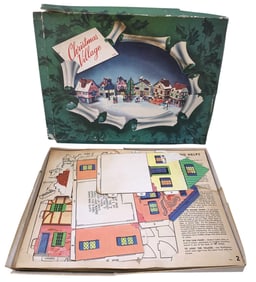 Unassembled Mid Century Paper Christmas Old Time Village Square Holiday Vignette Decoration with Box