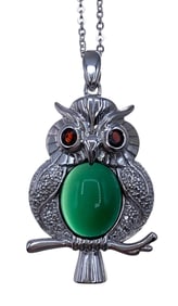 Sterling Silver, Garnet and Jadeite Owl Pendant on 925 Chain Necklace