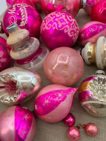 30 pc Vintage West Germany, Japan, USA Pink Glass Christmas Tree Ornaments in West Germany Box