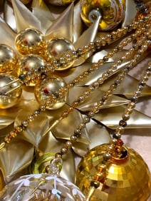 39 pc Antique to Vintage Gold Glass, Faceted Plastic, Ornaments and Holiday Door Decorations