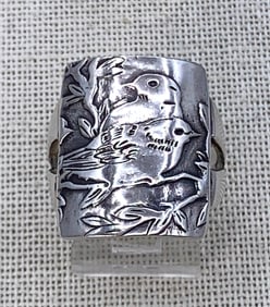 Sterling Silver Dimensional Bird Repousse Wide Panel Low Profile 925 Ring