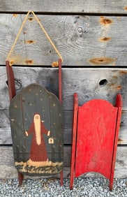 Vintage Red Wood Metal Runner Child's Winter Sled & Hand Painted Folk Santa Sled