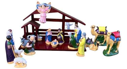 18 pc Vintage 1968 Hand Painted Ceramic Holland Mold Nativity Figurines & Light Up Stable Vignette