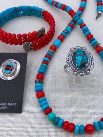 Relios Native American Crafted Turquoise and Coral Necklace, Wrap Bracelet, Sterling Ring & Earrings