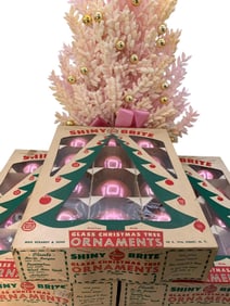 36 Vintage Pink Shiny Brite Glass Ornaments and Pink Flocked Christmas Tree Holiday Decoration
