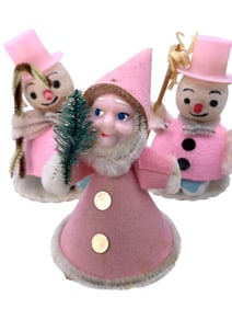 98 pc Vintage Miniature Shiny Brite Pink Silver Feather Tree Ornaments, Pink PUTZ Gnome & Snowmen