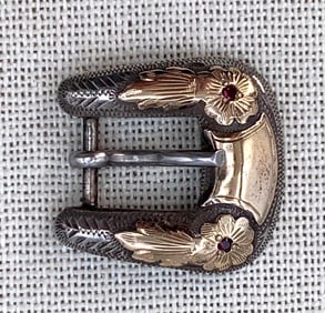Antique 10k Gold and Sterling Silver Ruby Jeweled Miniature Buckle
