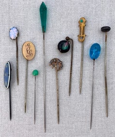 10 Antique to Vintage Enamel, Moon & Stars, Art Glass, Mother of Pearl, Engraved Stick Pins