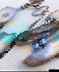 Striking Polished Geode Agate and Faceted Aquamarine Crystal 925 Bracelet
