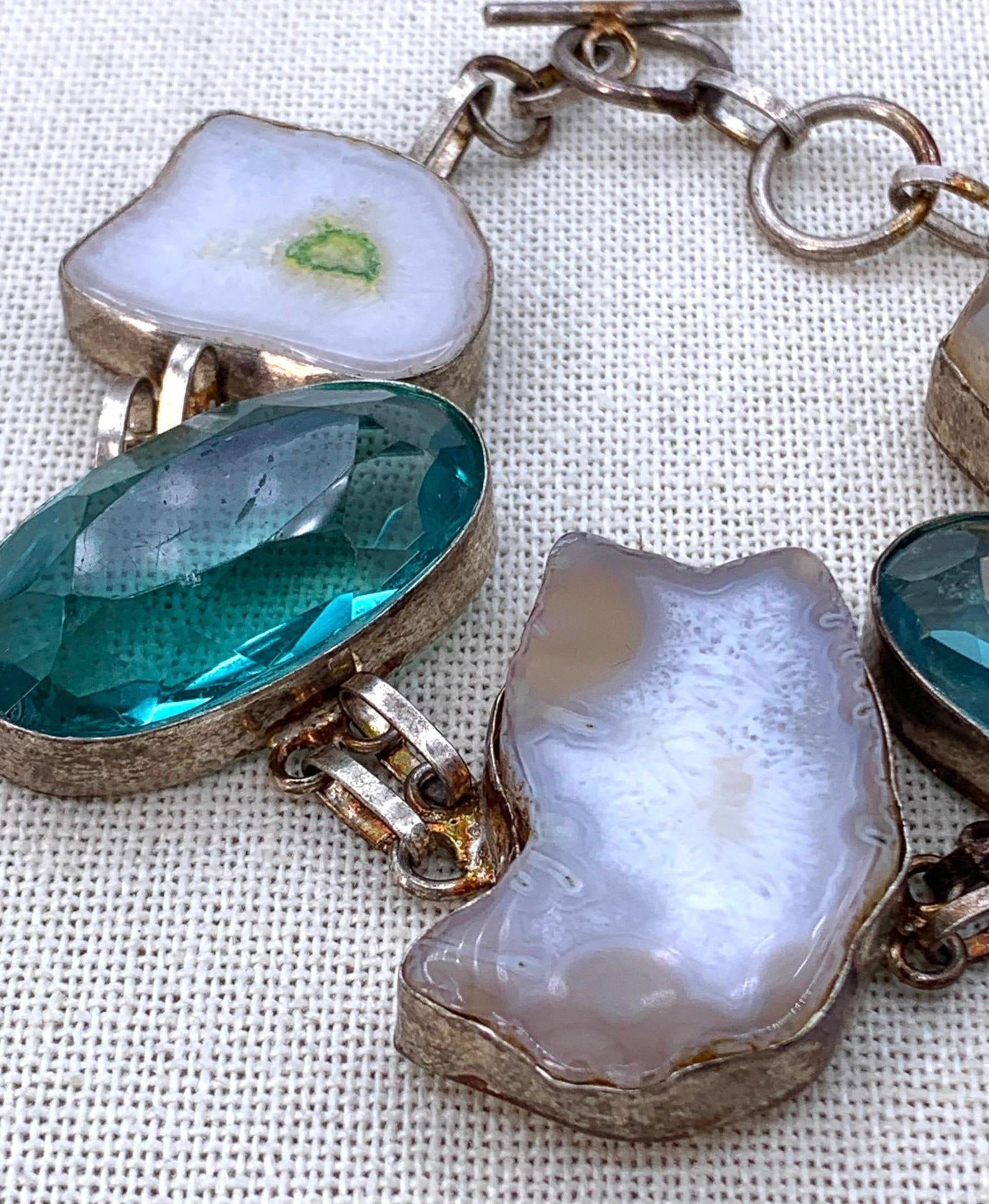 Striking Polished Geode Agate and Faceted Aquamarine Crystal 925 Bracelet (1 of 11)