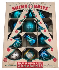 12 Vintage West Germany and USA Teal Blue Ombre Glass Christmas Tree Ornaments in Shiny Brite Box