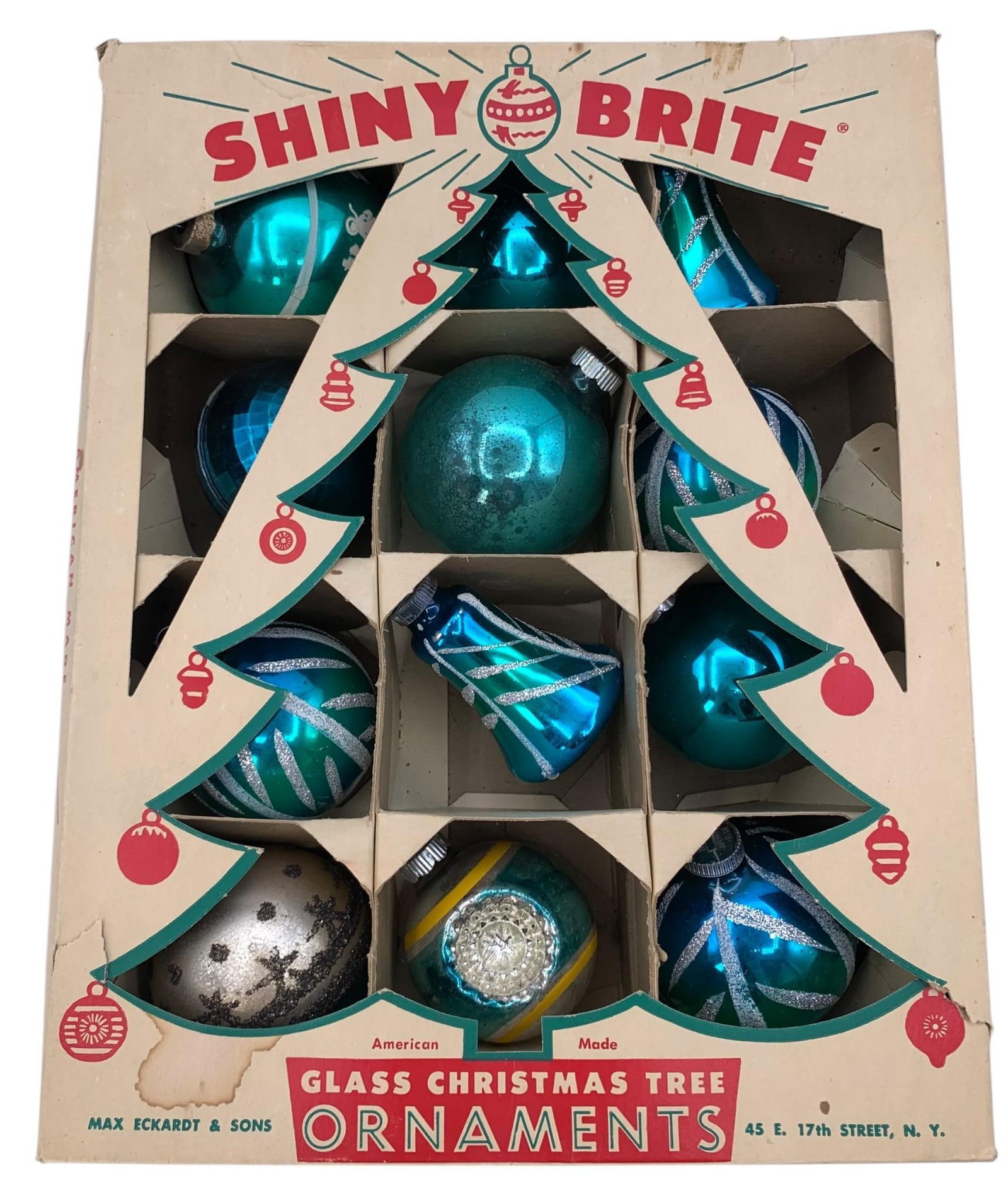 12 Vintage West Germany and USA Teal Blue Ombre Glass Christmas Tree Ornaments in Shiny Brite Box: West Germany caps on 5, Shiny Brite on the others, including a double indent, flocked snowman couple, glittered and striped, the cellophane window is absent from the 12" x 10" Shiny Brite box. 