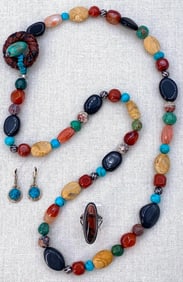 Carolyn Pollack Relios Polished Natural Stone Necklace, Petrified Wood Silver Ring, 925 Earrings