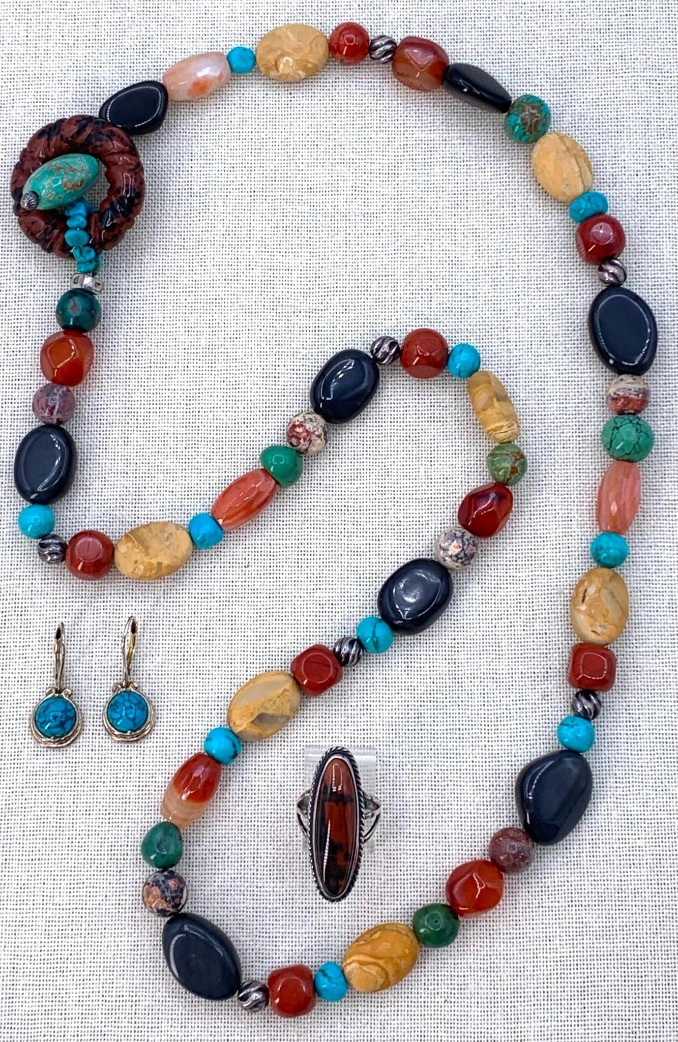 Carolyn Pollack Relios Polished Natural Stone Necklace, Petrified Wood Silver Ring, 925 Earrings (1 of 18)