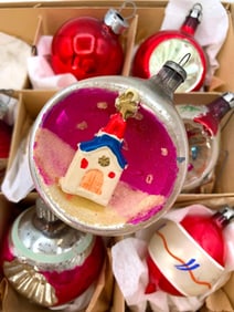 12 Vintage Indent, Diorama, Hand Painted, Glittered Mercury Glass Christmas Tree Ornaments