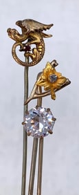 9 Antique to Vintage Dragon, Wishbone, Horseshoe, Mother of Pearl, Rhinestone, Engraved Stick Pins