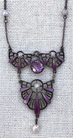 Antique Art Nouveau Sterling Silver, Seed Pearl, Lavender Enamel and Amethyst Glass Necklace