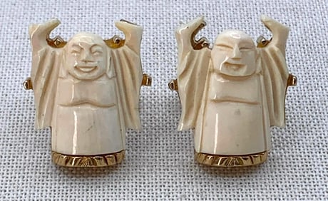 Vintage Men's Hand Carved Natural Material Buddha Cufflinks