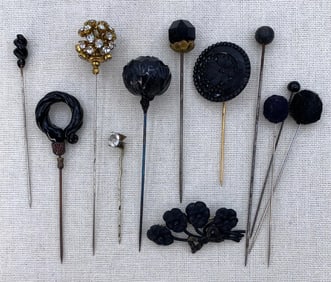 12 pc Antique to Vintage Stick Pin and Mourning Brooch Collection