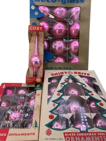 37 pc Rose Pink Glass Christmas Tree Ornaments and NOS Tree Top Spire Collection