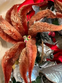Mid Century Dried Holly Leaf Chenille Poinsettia Red Satin Ribbon Holiday Door Wreat, Halle Bros Box