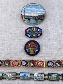 5 Vintage Italian Porcelain and Glass Mosaic Millefiori Brooch and Bracelet Travel Souvenir Jewelry