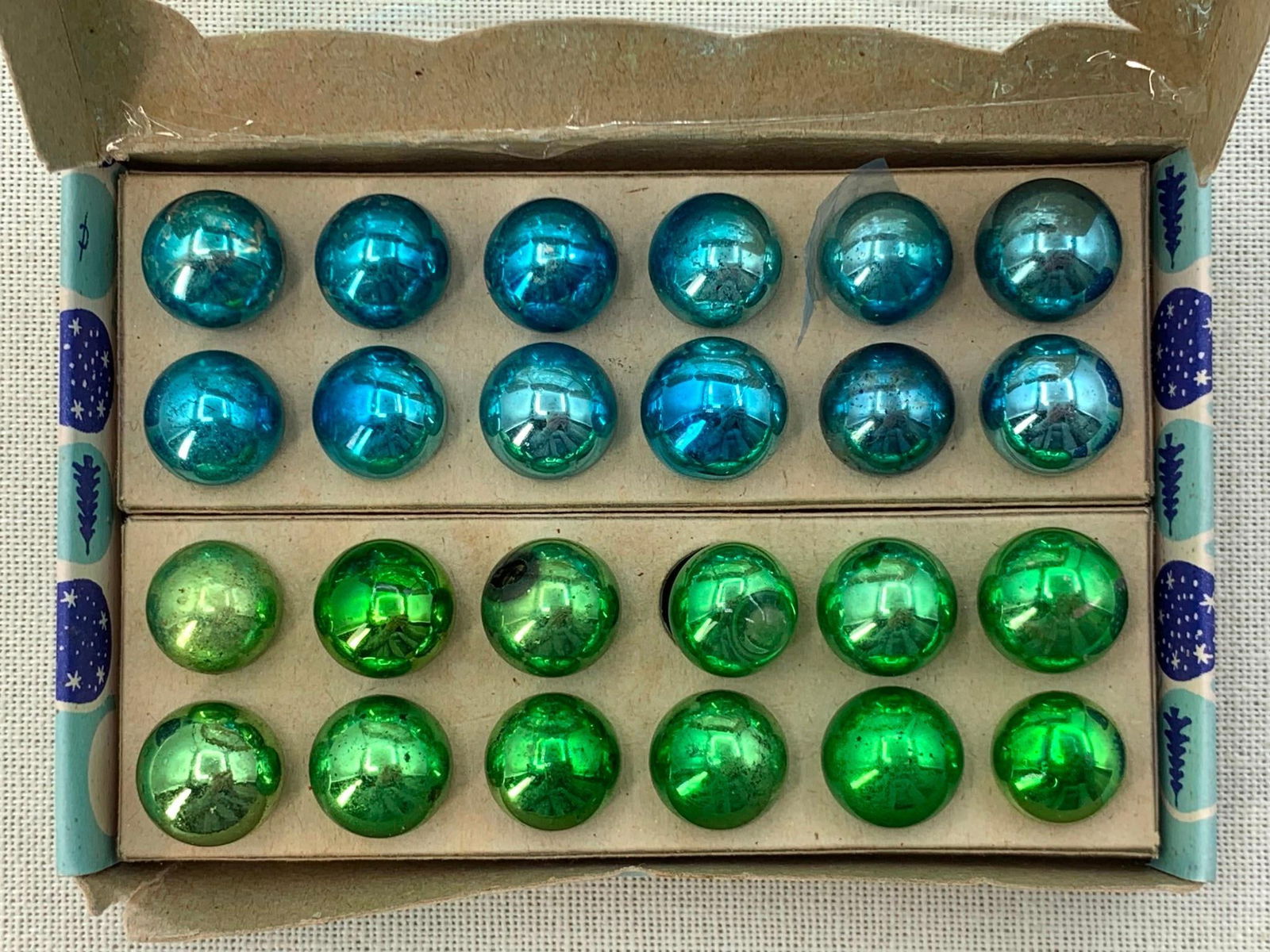 60 pc Miniature Mid Century Lime, Cobalt and Aquamarine Glass Christmas Tree Ornaments in Boxes (1 of 9)
