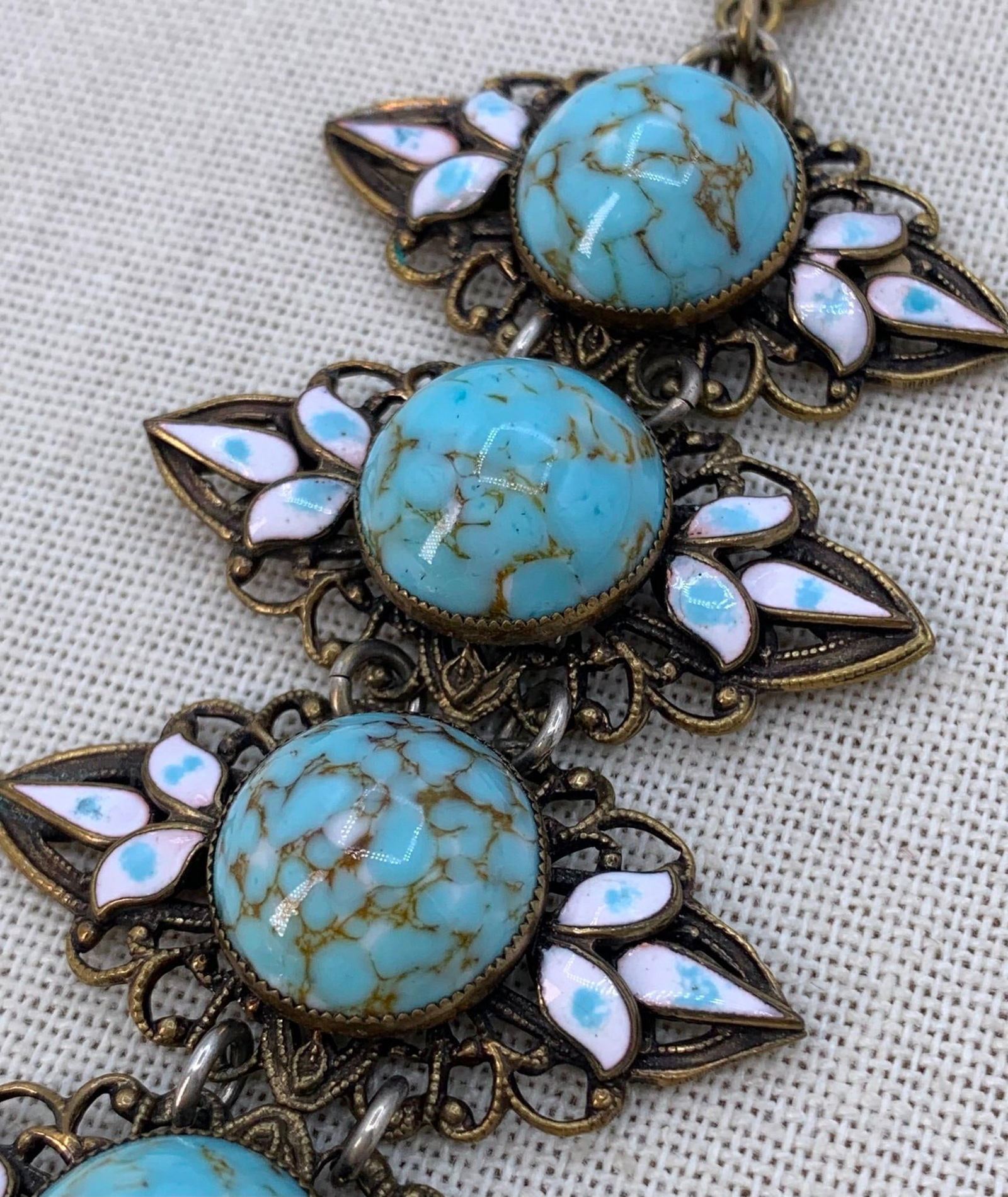 Superb Vintage Enamel Robin Egg Blue Glass Cabochon Openwork Filigree Bracelet: 7 3/4" total length x 1 3/4", working closure, Gorgeous! 