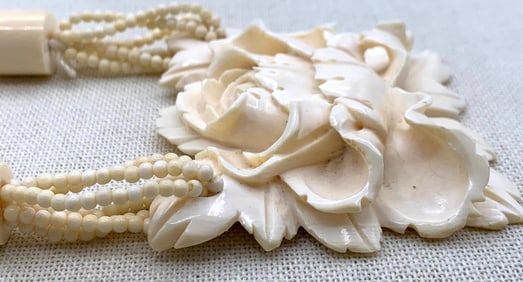 Superb Hand Carved Natural Material Large Floral Pendant and Petite Bead Necklace