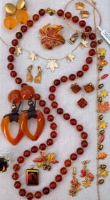 21 pc Autumn Hued Owls, Cats, Leaves, Costume Jewelry Collection