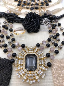 15 pc Antique 1920s to 90s Sparkling Crystal, Black and Frosted Glass Jewelry Collection