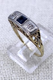 Art Deco c1920s 18k Gold Sapphire and Diamond Three Stone High-rise Openwork Ring