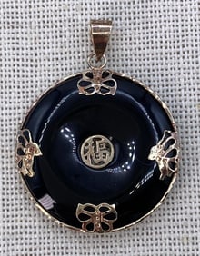 14k Gold Polished Onyx Asian Good Luck Protection Charm, 585 Necklace Pendant