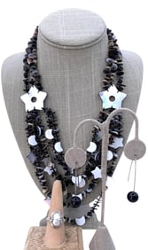 4 pc Mother of Pearl Stars and Moons SAJEN Necklace, Onyx 925 Earrings and Pearl Sterling Ring