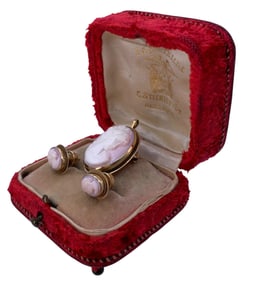 14k Gold Hand Carved Cameo Pendant and Earrings in Antique Red Silk Velvet Footed Jewel Case