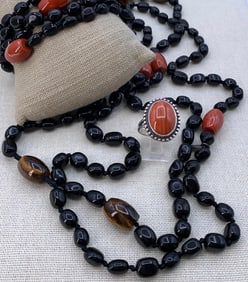 3 pc SAJEN Polished Natural Stone Onyx, Tigers Eye, Jasper Necklace, Bracelet and 925 Ring