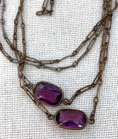 Long Antique Amethyst Glass Sautoir Flapper Era Chain Necklace