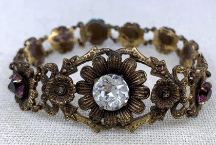 Antique European Embossed Openwork Gilded Brass Sparkling Marcasite Floral Bracelet