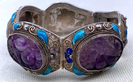 Vintage Chinese Silver Carved Plum Amethyst Bird and Fruit Filigree Enamel Bracelet