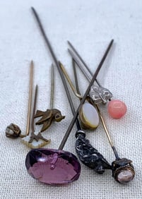 10 pc Antique to Vintage Griffin, Bird, Amethyst Glass, Mother of Pearl Stick Pin Collection