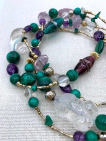 Quartz Crystal Frog Totem, Malachite, Amethyst and Veneitan Bead Artisan Made Necklace
