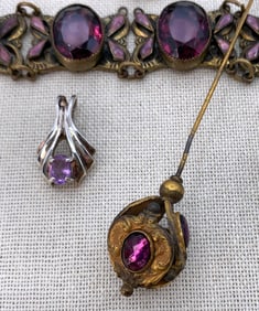 5 pc Antique to Vintage Czech Glass, Enamel, Amethyst and Gold Jewelry Collection