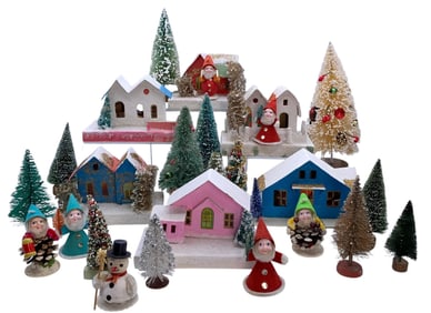 26 pc Mid Century Japan PUTZ Under Tree Houses, Trees, Gnomes, Snowmen, Christmas Village Decoration